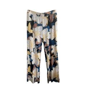 IMAN Womens XL Wide Leg Pants Big Floral Yellow Blue Pullon Global Chic #6424
